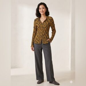 The Fold London Size 10 Textured Button Front Top Mustard Black Stretch Blouse